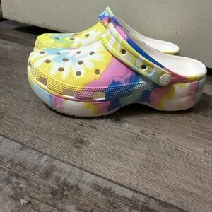 CROCS light Pastel Tie-Dye Clogs - Yellow, Blue, Pink Mega platforms